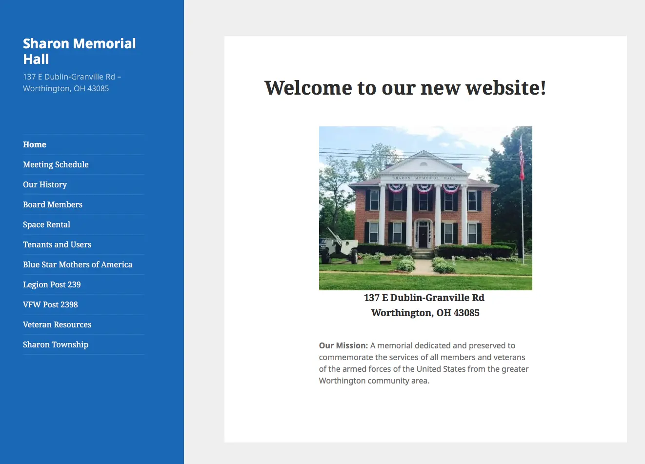 Screenshot of Sharon Memorial Hall website